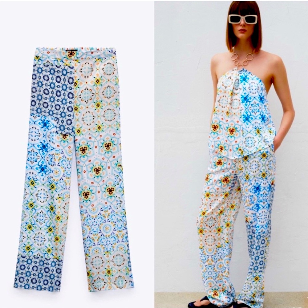 Zara Patchwork Print Wide Leg Pants in Blue and Yellow Size Small